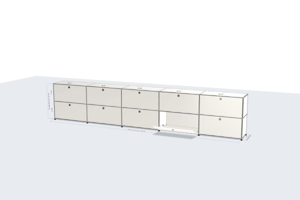 A 3D rendering of a long, white cabinet with 12 drawers from a slightly different angle.