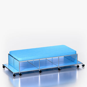 Central Lounge: Modern Storage Bench with Shelves in Uptown Blue (Side View)
