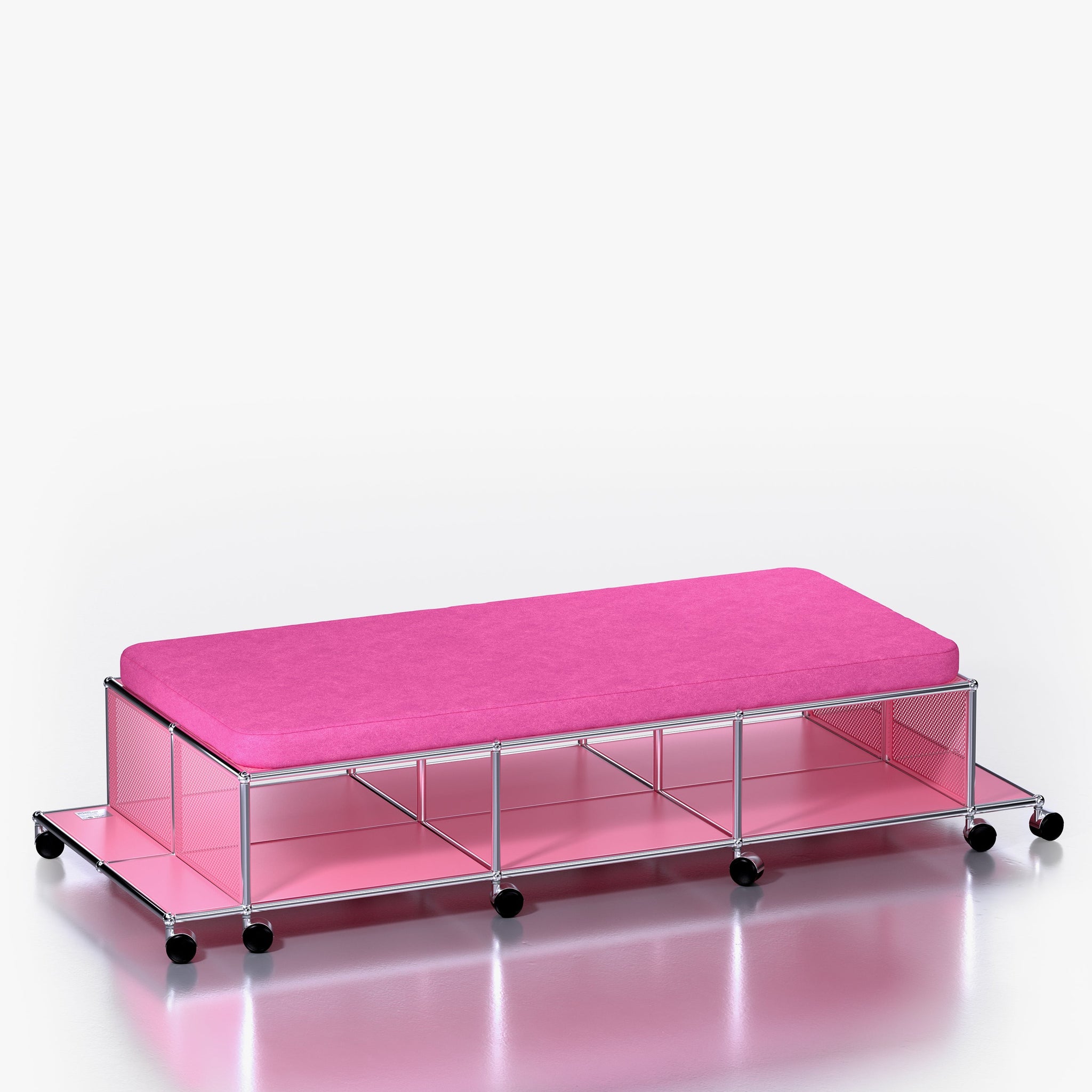Central Lounge: Modern Storage Bench with Shelves in Downtown Pink (Side View)