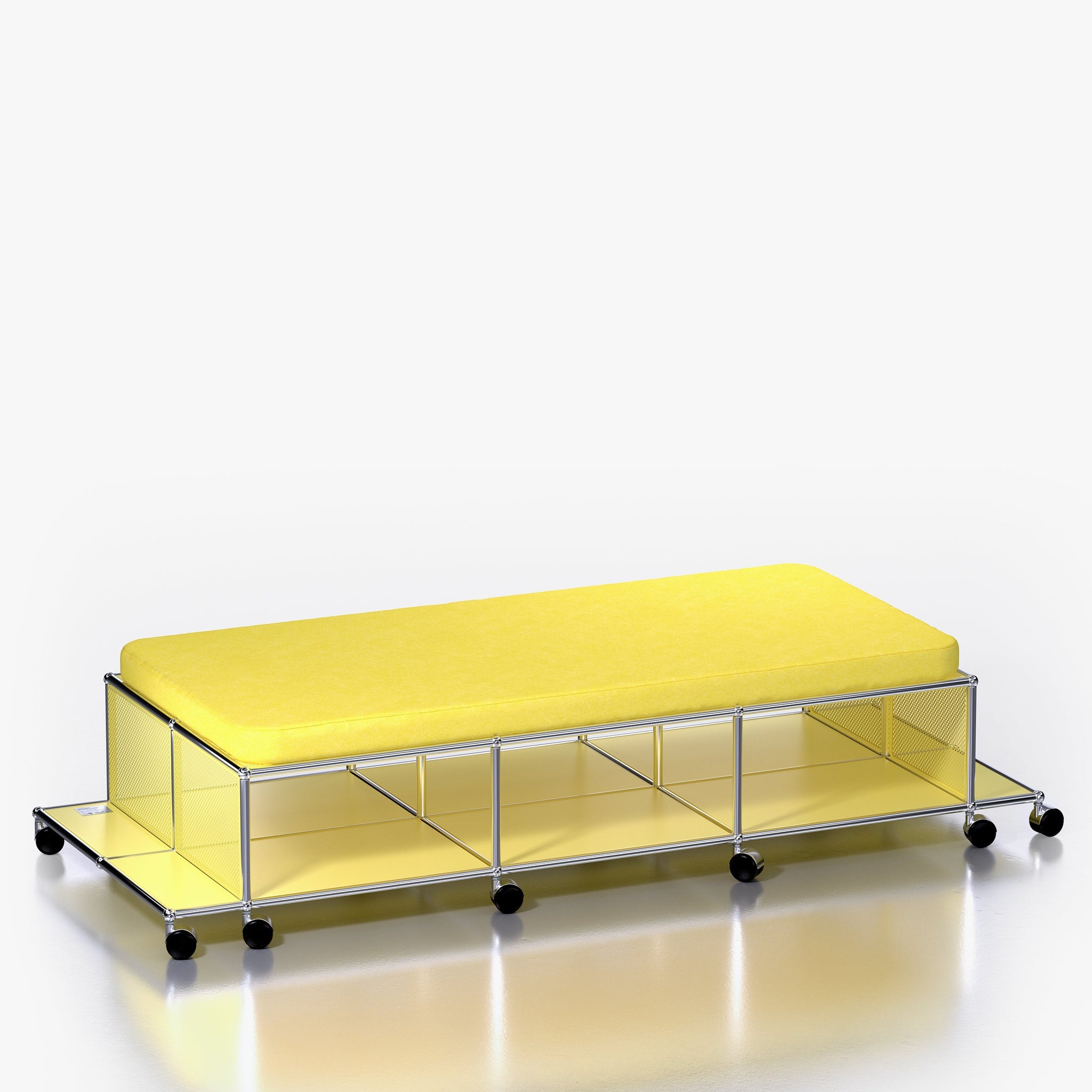 Central Lounge: Modern Storage Bench with Shelves in Soho Yellow (Side View)